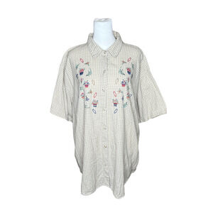 Vtg 90s Gingham Button-up 3X Oatmeal Embroidered Cottagecore Whimsical Gardening